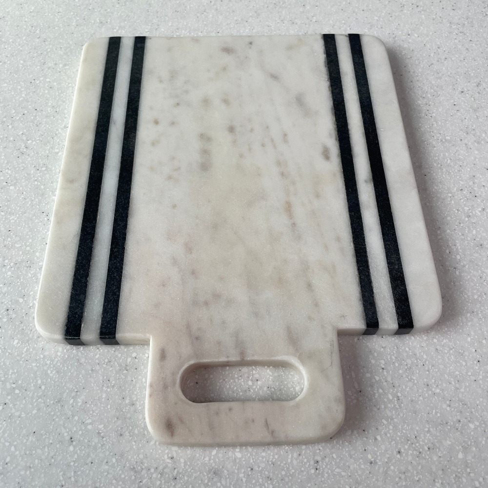 Magnolia Home White Marble Cheese Board Black Stripes Inlay Handle Serving Tray - Picture 2 of 7